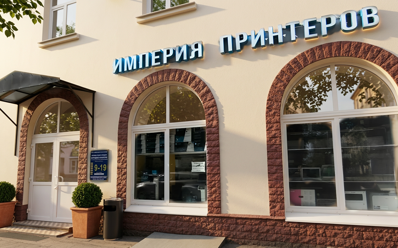 Фасад «Империи принтеров»: вывеска, витрины с техникой и вход в сервис
